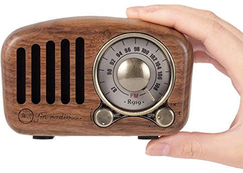 PRUNUS R-919 Radio Portatili FM, Radio Vintage Legno con Altoparlante Bluetooth, Radio Portatile Ricaricabile Supporta TF Card/AUX,Finestra di Sintonizzazione Circolare di 270° (Legno di Noce)