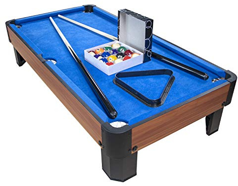 Billar de Mesa con Accesorios – Kit de Billar Compacto de Oficina o Sala de Juegos, 102 x 51 x 22,5 cm – Marrón y Alfombra Azul