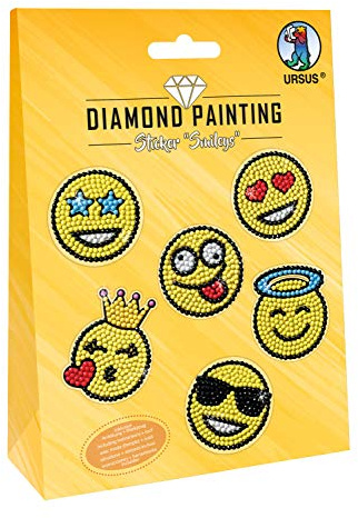 Ursus 43500006 - Diamond Painting Smileys, Stickern mit funkelnden Diamanten, Set mit 2 Stickerbögen in verschiedenen Designs, Diamantensteine, Picker, Wachs und Schale, inklusive Anleitung