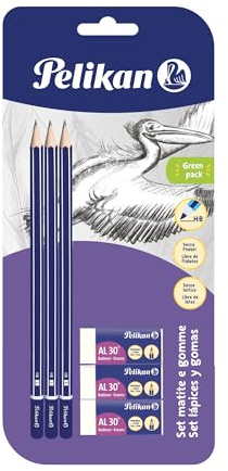 Pelikan 24005807 - Set mit 3 Graphitstiften HB und 3 Gummi AL30, Schulset, FSC-zertifiziertes Holz, Schaft mit Hexagonalem Querschnitt, bruchfeste Minen