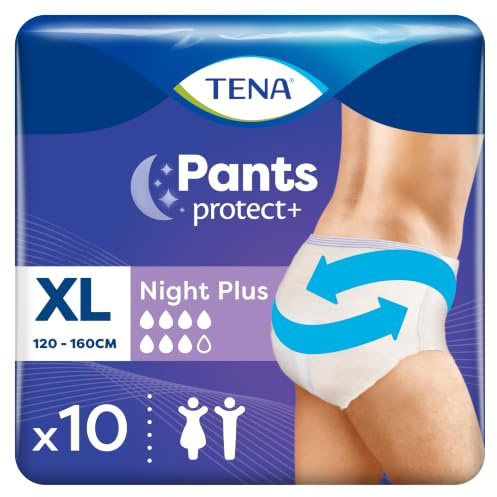 TENA Pants Night Plus XL - Extra Large - Overnight Comfort and Ultimate Protection (1 Pack of 10) | Incontinence Underwear for Men & Women, Moderate to Heavy Leakage, Lie Down Protection, Odour Control, Triple Skin Protection