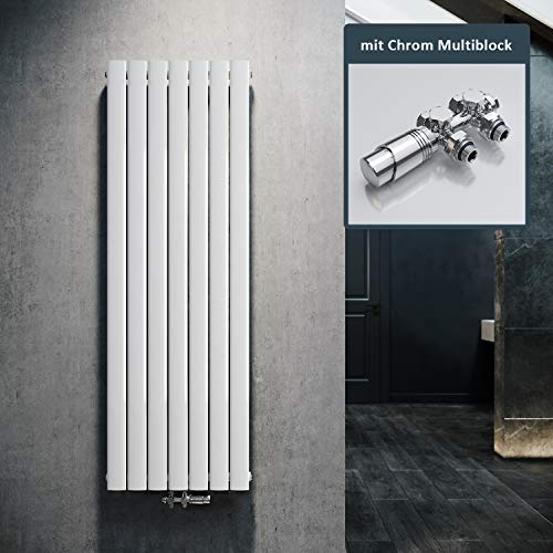 ELEGANT Radiateur plat design 1600 x 539 mm avec thermostat multibloc chromé Blanc