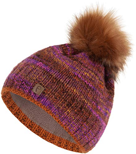 Faera Wintermütze Mütze Damen warm gefüttert mit Kunstfell Mehrfarbig Bommelmütze Fleecefutter Winter Strickmütze Beanie 59