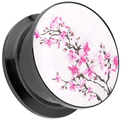 Taffstyle Ohr Plug Flesh Tunnel Piercing Ohrpiercing Kunststoff Schraub Schraubverschluß Picture mit Kirschblüten Blumen Motiv