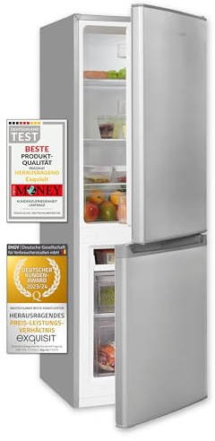 Exquisit Kühl-Gefrierkombination 173 L - Freistehend, Silber, Leise | Standgerät 147 cm, Energieklasse E, 40 dB, LED-Licht, Türalarm, wechselbarer Türanschlag, Gemüseschale
