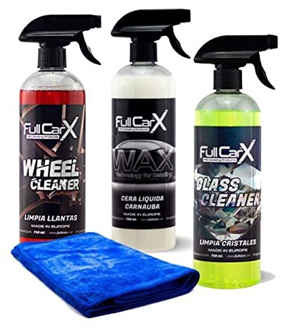 AutoFullCar - Kit Limpieza Coche y Moto FullCarX | Limpia Llantas - Cera Carnauba - Limpia Cristales + Bayeta Microfibra - Cada Producto Contiene 750 ml.
