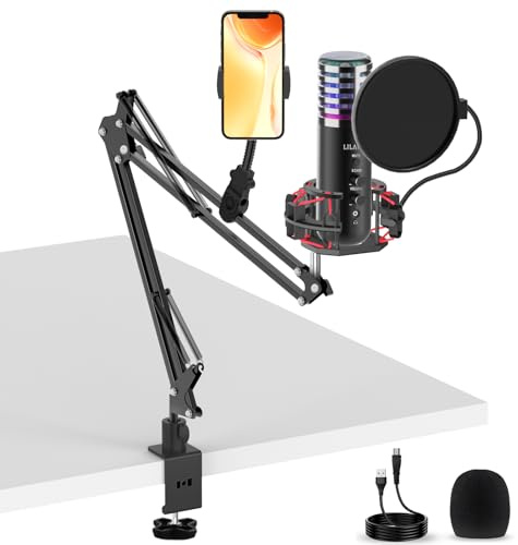 LILANZo Microphone de jeu pour PC, micro USB RVB avec sourdine, gain, surveillance, écho, optimisation du son, micro de jeu à bras perche pour streaming, podcast, Twitch, YouTube, TikTOK, ordinateur,