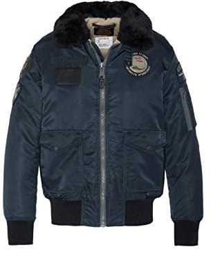 Schott NYC Oharavintrs - Giacca da pilota Schott con distintivi e collo in pelliccia sintetica, blu navy, S