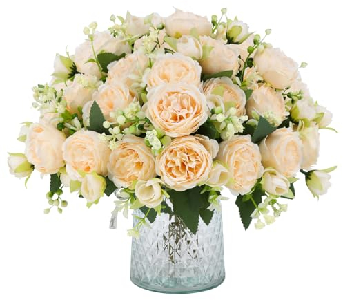 JUSTOYOU 4 mazzi di peonie artificiali con 20 teste di fiori, peonie finte, bouquet di fiori di seta per matrimoni, casa, tavolo, feste, decorazione per finestre (champagne)