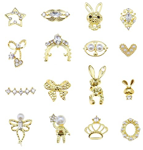 VGOL 48pcs Nail Charms Brillant Strass 3D Nail Ornements Nail Art Décoration Métal Nail Bijoux pour Femmes Filles Salon Maison DIY Nail Art Fournitures, 16 Styles