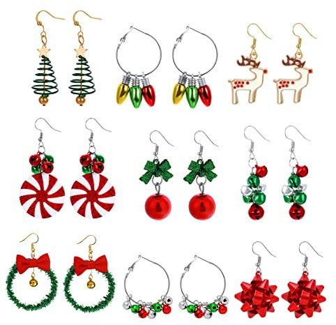 9 Paar Weihnachtsohrringe Damen Weihnachtsgeschenke Glocken Rentier Ohrringe Set Damen Mädchen Süße Weihnachtsgeschenke für Weihnachtsfeiern Weihnachten