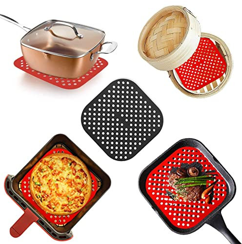 3 Stück wiederverwendbare Luftfritteusen Dampfmatte 19.1 cm quadratisch antihaftbeschichtet Schwarz Rot Blau perforierte Silikon Topfmatte Luftfritteusen Zubehör Ersatz BPA frei