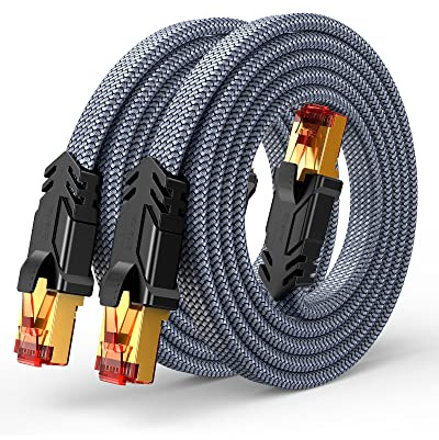 SNOWKIDS Cat8 LAN Kabel 40Gbps Nylon Flach Netzwerkkabel-0.5M Grau 2 Stück | Robust Nylon-Kabel, 2000MHz Hohe Geschwindigkeit Patchkabel, S/FTP, RJ45 Stecker Ethernet Kabel für Router/Modem/TV/Switch