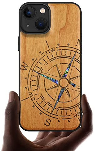 Carveit Coque magnétique pour iPhone 13 Étui de Protection TPU Coque [Gravure en Bois et Incrustation de Coquille] Compatible avec 13 Magsafe Artistique Coque (Cerise-Boussole)