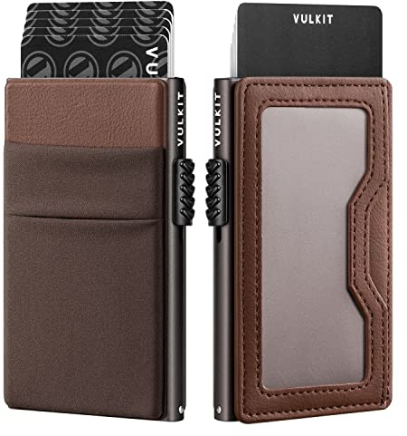 VULKIT Kreditkortshållare med EDC-fickor och ID-fönster RFID-blockerande pop-up-kortplånbok Smal Metall Plånbok (Espresso)