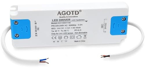 AGOTD Transformator 230V auf 24V LED Trafo, DC 60 Watt Netzteil Treiber LED-Driver Konstantspannungs 60W für LED-Lichtstreifen, Schrankleuchten