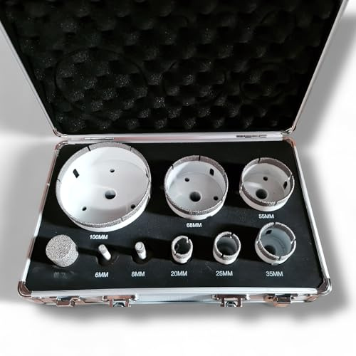 Coffret Forets Diamant Carrelage 9 pcs – Ø 6, 8, 20, 25, 35, 55, 68, 110 mm, Brazzed – Coupe Pro Grès Cérame, Pierre, Marbre – Mallette Aluminium Incluse
