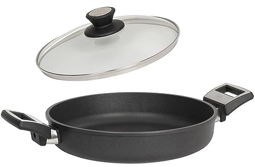 SKK 2-tlg. Paella-Pfanne Ø 28 cm - ohne Induktion - runde beschichtete Guss Bratpfanne seitliche Griffen & Deckel mit Edelstahlrand - Made in Germany