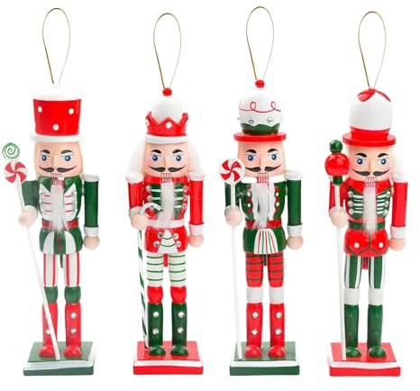 4p 12cm Red Green Wooden Christmas Nutcracker Soldier Ornaments,Christmas Tree Decorations Mini Nutcracker Figures Hanging Ornament,Nutcracker Soldier Puppet Doll Pendant for Tree Tradition Xmas Decor