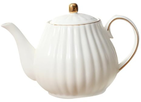 BESTonZON Elegante Keramik Teekanne Weiß mit Goldverzierung Porzellan Kaffeekanne für Nachmittagstee zu Hause Wasserbehälter mit Deckel