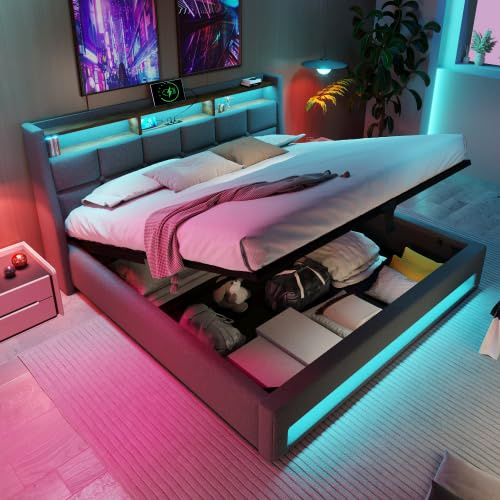 KUAKE Polsterbett 180x200 cm, Doppelbett mit Stauraum und Lattenrost, LED Kopfteil mit USB Ladefunktion, Stauraumbett Funktionsbetten Rückenlehne Bettgestell, Leinen (Grau, 180x200cm)