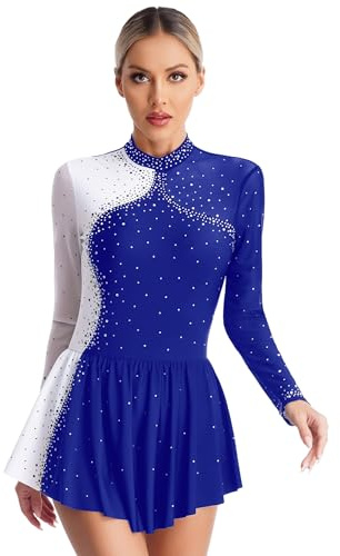 TTAO Damen Eiskunstlauf Kleid Langarm Tanzkleider mit Glitzer Mesh Spleiß Turnanzug Ballettanzug Trikot mit Rock Eislaufen Wettkämpfe Bekleidung