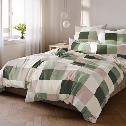 Pure Label Karierte Bettwäsche 4teilig 135x200 cm mit einem 2er Set Kissenbezüge 80x80 cm - Traumhaft weiches Bettwäsche-Sets 135 x 200 cm in grün aus 100% Baumwolle mit YKK Reißverschluss