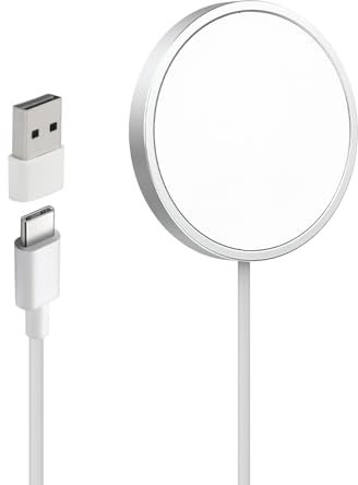 Chargeur sans Fil 15W Compatible avec iPhone 15/14/13/12 et AirPods 3/2/Pro, Chargeur Induction Magnétique Rapide avec Convertisseur USB-C vers USB-A, Design Portable et Léger (Blanc)