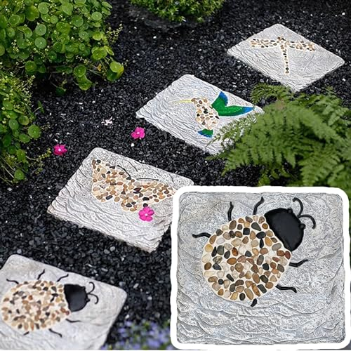 Trittsteine für Garten Quadratische Gartensteine mit Kieselsteinen, Gehweg-Trittrasensteinset aus Beton für den Außenbereich, 31 X 21 cm Große Fliesen für Dekorativen Gartenweg(Color:Ladybug)