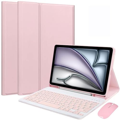 HEUCYL Funda con Teclado para iPad Air 13 Pulgadas (M2, 2024) & iPad Pro 12.9 (6th 2022/5th 2021/4th 2020/3th Gen 2018), Teclado Desmontable, Funda Ultrafina con Soporte para Bolígrafo,Rosado