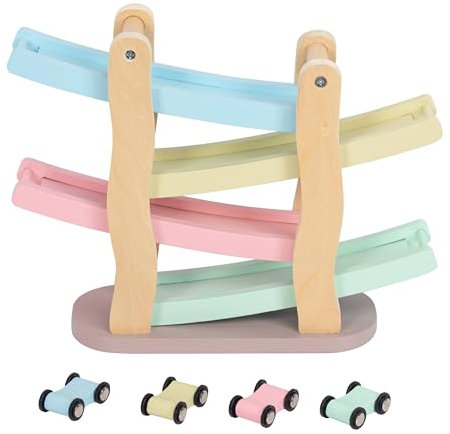 WOODENFUN Kugelbahn Autos Holz Rampe Auto Rennbahn Holzautospielzeug für kleine Kinder Rennspielzeug Geschenk ab 1 2 3 4