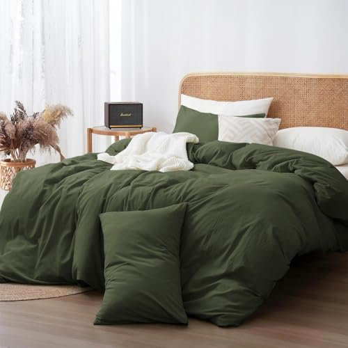 Freyamy Housse de Couette Coton 220x240cm Vert Olive Couleur Unie Parure de lit Ado Adulte Parure Housse Couette 2 Personnes Sets de Housse Réversible Couette Linge de Lit