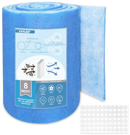 VVFLED Cut to Size Air Filters, 20 x 90 Floor Vent Filters for Home, MERV 8 Electrostatic Air Filter Roll for Wall HVAC Furnace Vents with 66Pcs Adhesive Hooks