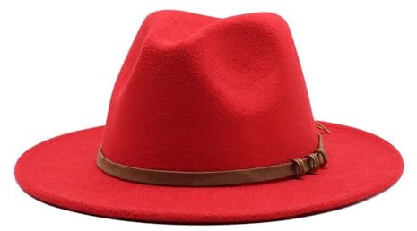 Jiaxu-Hüte Britischer Vintage-Zylinderhut mit Flacher Krempe, Filzhut, Jazzhut aus Wolle for Herbst und Winter(Rot,Medium(56-58cm))