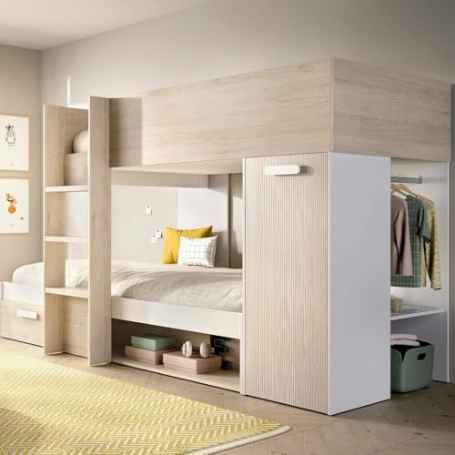 Dmora - Composizione camera da letto Focalone, Stanza da letto completa, Cameretta per bambini, Set per arredo a ponte, 246x112 h150 cm, Bianco e Rovere
