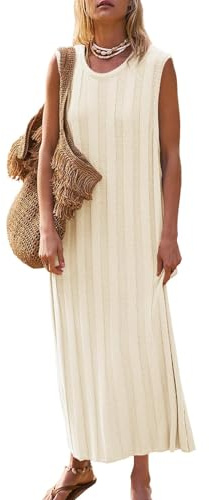 Fisoew Vestido largo de verano para mujer, sin mangas, con tirantes, de punto con cuello redondo y tejido acanalado, estilo playero, beige, S