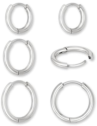 Creoler i silverfärgat rostfritt stål för damer – 3 par eleganta små silverfärgade creoler (12mm, 14mm, 16mm) - Örhängen i kirurgiskt stål i silver