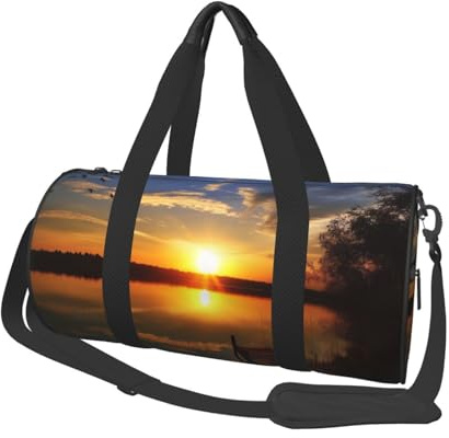 Seesack aus bedrucktem Segeltuch, Motiv: See unter Sonnenuntergang, Sporttasche mit großer Kapazität für Wochenende, Geschäftsreisen, Schwarz , Einheitsgröße