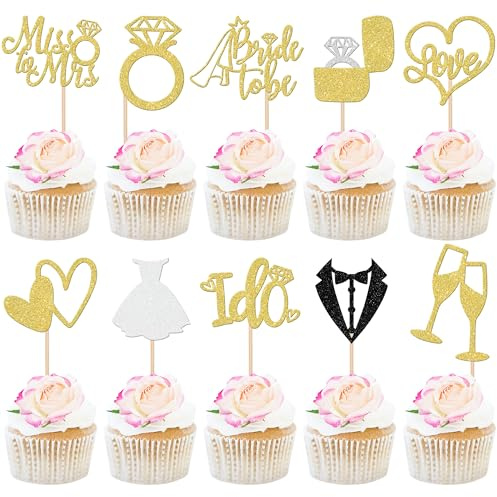 30 Stück Bride to Be Cupcake Toppers Hochzeit Thema Tortendeko Glitzer Braut und Bräutigam Liebe Herz Diamant Ring Kuchen Deko für Verlobung Hochzeiten Thema Party Cupcake Dekorationen Gold Neu