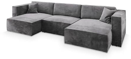 Masseno Ecksofa SARMO M mit Schlaffunktion U-Form, Sofa mit Bettkasten, Wohnzimmersofa, Couch, Soffa, Bettsofa, Couchgarnitur- Grau, Monolith 85