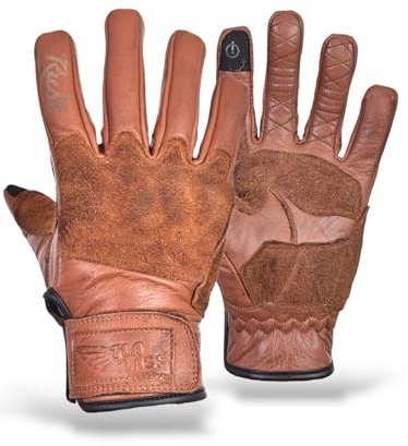 TLA Rust Gants de Moto Vintage en Cuir, Protections des articulations, homologuées CE, 2XS à 4XL pour Hommes et Femmes, pour cafè Racer, Scooter, écrans tactiles, Protection Contre Les Chocs élevés.