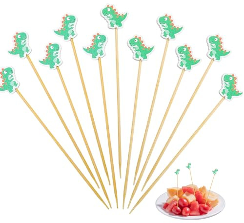 100 Stück Dinosaurier Spieße Fingerfood Kinder, Dino Cocktailspieße Holz, Dinosaurier Holzspieße Cocktail Deko 12cm, Käsespieße Obstspieße Cocktail Deko, Partyspieße für Geburtstag Sommer Party Deko