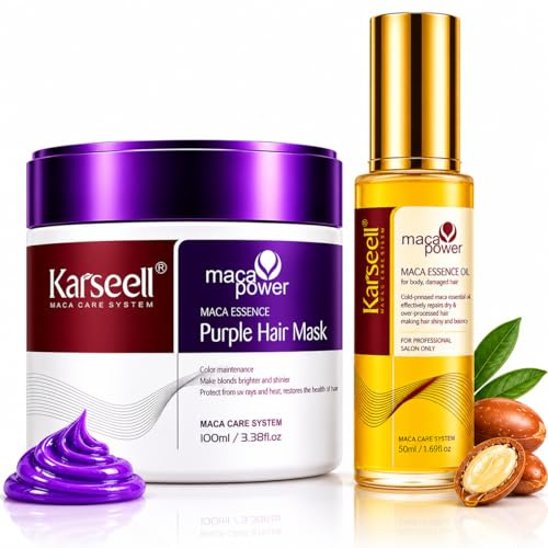 Karseell MACA CARE SYSTEM Mascarilla Capilar Violeta Matizadora Antiamarillo 500ml + Aceite de Argán 50ml Karité Hidratante Reparador Antifrizz Profesional Cabello Rubio Canas Decolorado Sin Sulfatos