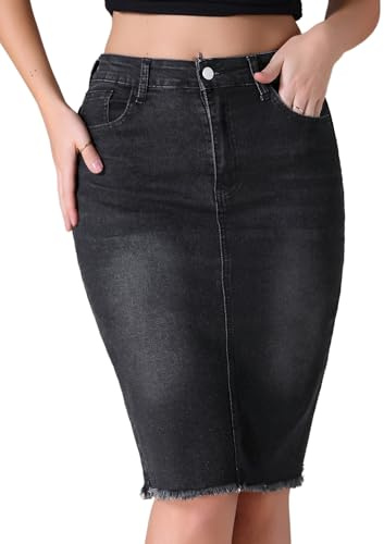CIMUK Women's Denim Skirt Raw Hem High Waisted Pockets Stretch Knee Length Jean Skirts Black XL