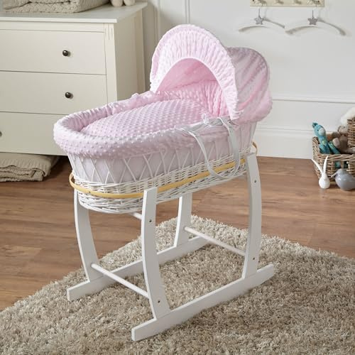 For Your Little One Wicker Moses Basket with Rocking Stand, 83 x 49 cm, Hand-woven Natural, Hypoallergenic Mattress (Pink)
