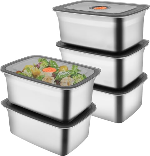 Ghshanog 5Pcs Stainless Steel Meal Prep Containers,Leakproof Food with Plastic Lids,Stackable Meal Box Reusable Lunch Box Fridge Crisper for Lunch,Leftovers,Meat,Vegetable,Salad