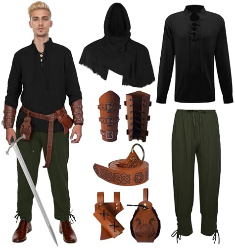 Mittelalter Herren Renaissance Kostüm Set Viking Kostüm für Halloween | Herren Kostüm Set mit Zubehör für Wikinger Renaissance Rollen, Halloween, LARP und mittelalterliche Events