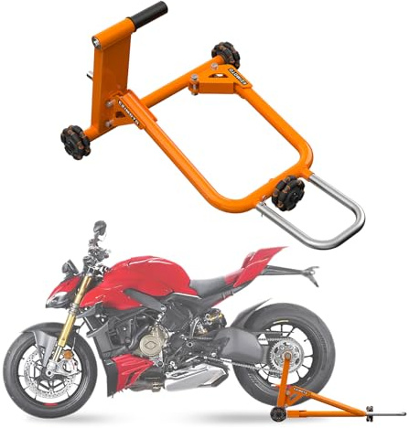 EZIMOTO Sport Motorcycle Rear Stand, 360° Movable Lift Stand, Heavy Duty with Wheels, 880 lb Capacity (Orange, Single arm, for Ducati, Pins size 25.7mm, 40.5mm)