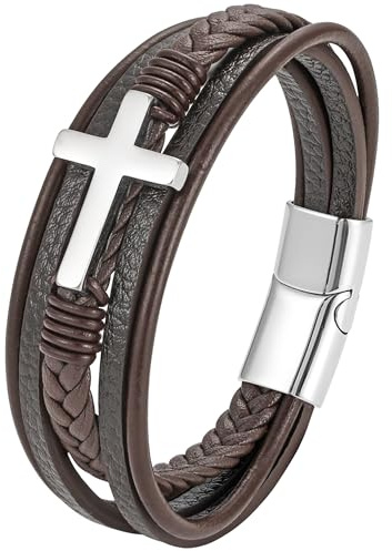 JUZICHEN Läderarmband för män, läderarmband med kors, svart brunt armband och rostfritt stål för män, 21 cm armband herrarmband smycken present man far farfar farfar, Medium, Rostfritt stål, Rostfritt