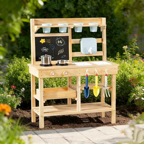 ROBUD Cuisine boueuse en bois pour tout-petits, cuisine de jeu d'extérieur avec évier, cuisinière, pots de fleurs, tableau, compartiment de rangement et accessoires de cuisine, jouets à roulettes pour